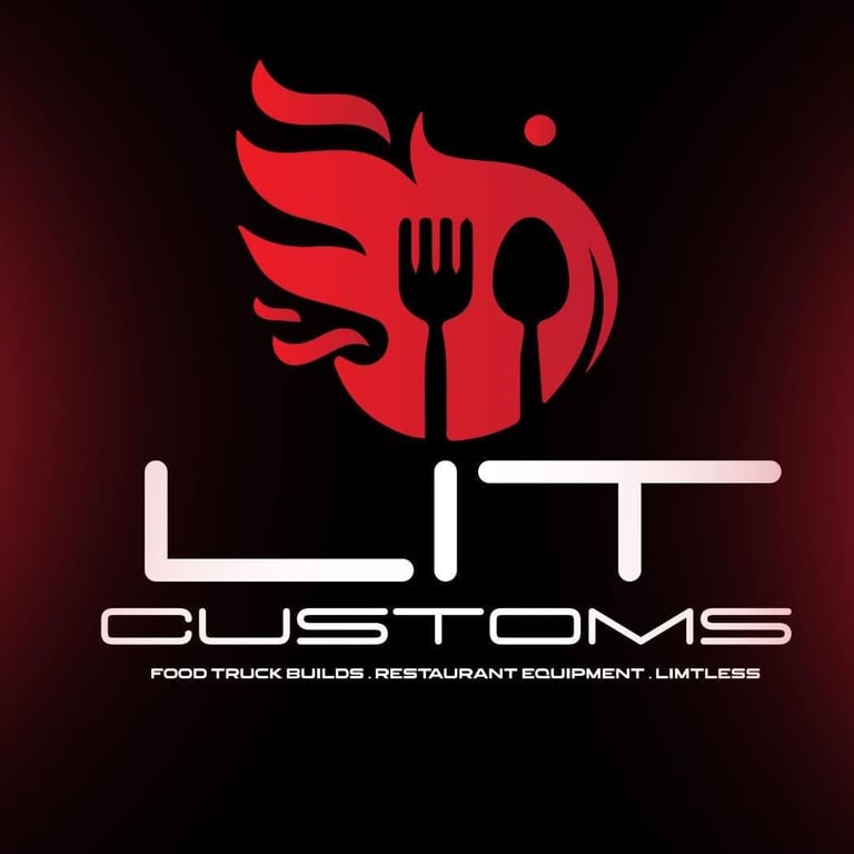 LIT Customs logo featuring red flame design with fork and spoon icons, offering food truck builds and restaurant equipment